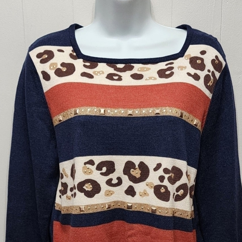 Alfred Dunner Sweater Small El Dorado 3/4 Sleeve Animal Print Embellished B287